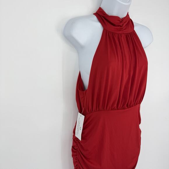 AX Paris High Neck Ruched Bodycon Mini Dress Size 10 Red Slinky knit NEW - Picture 3 of 11